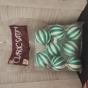 NEW OLD STOCK Vintage Green Striped Satin 2.5" Christmas Ornaments Pack of 8